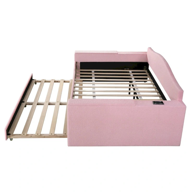 Full Size Upholstered Daybed with Storage Armrests and Trundle