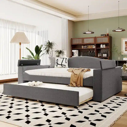 Full Size Upholstered Daybed with Storage Armrests and Trundle