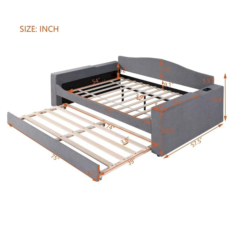 Full Size Upholstered Daybed with Storage Armrests and Trundle