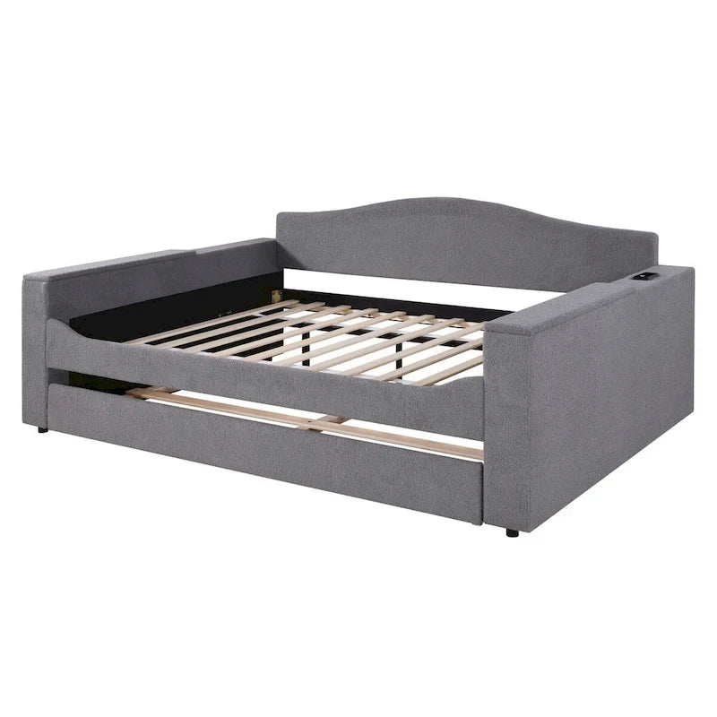 Full Size Upholstered Daybed with Storage Armrests and Trundle