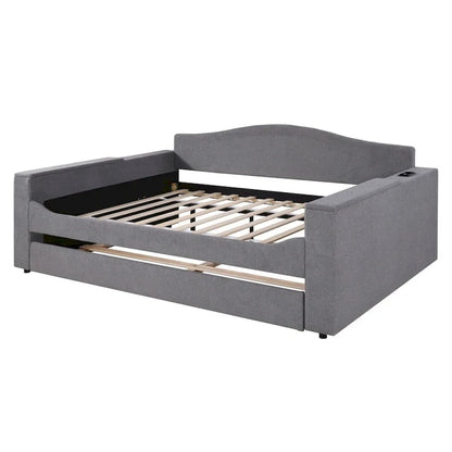 Full Size Upholstered Daybed with Storage Armrests and Trundle