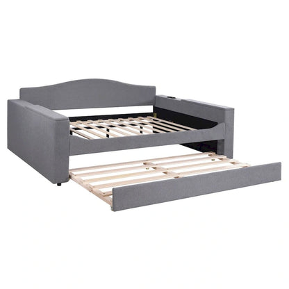 Full Size Upholstered Daybed with Storage Armrests and Trundle