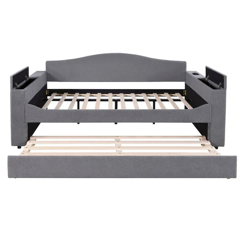 Full Size Upholstered Daybed with Storage Armrests and Trundle