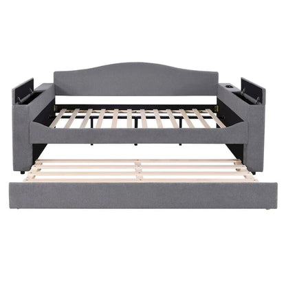 Full Size Upholstered Daybed with Storage Armrests and Trundle