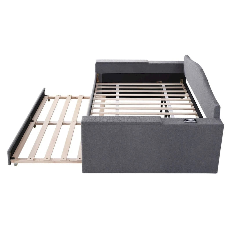 Full Size Upholstered Daybed with Storage Armrests and Trundle