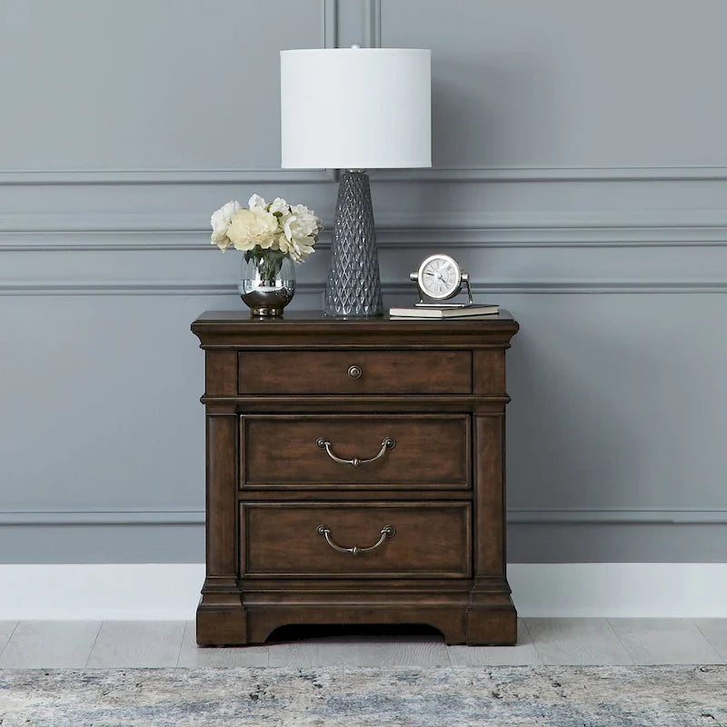 Arden Road Satin Cherry Bedroom Wood Nightstand with Charging Station