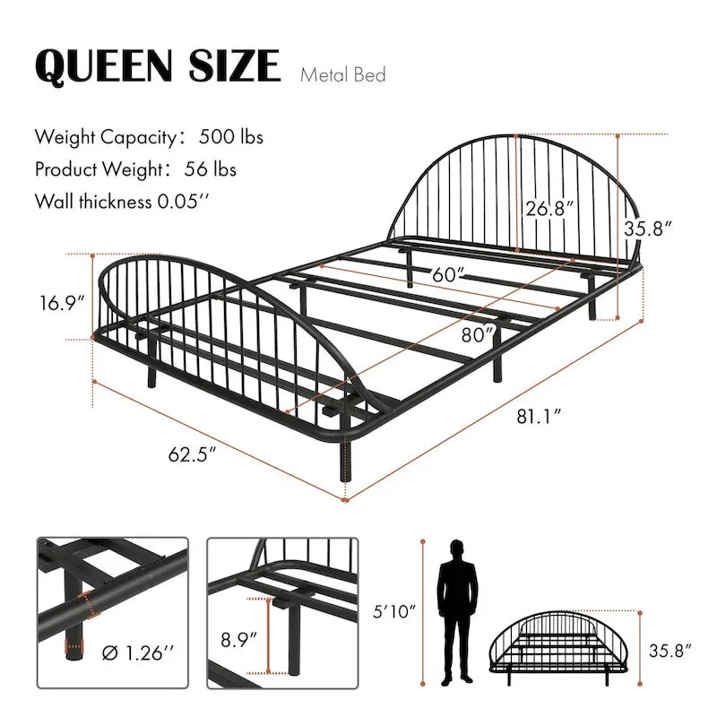 Furniture of America Duke Curved Metal Powder Coated Bed Frame, No Box Spring Needed