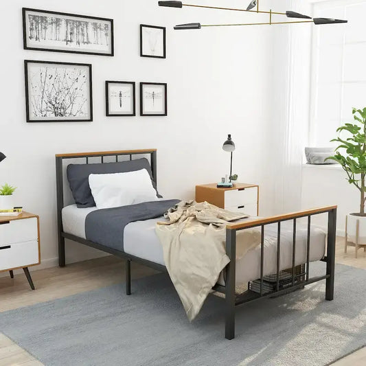 Mieres Industrial Metal Platform Bed Frame with Headboard & Footboard