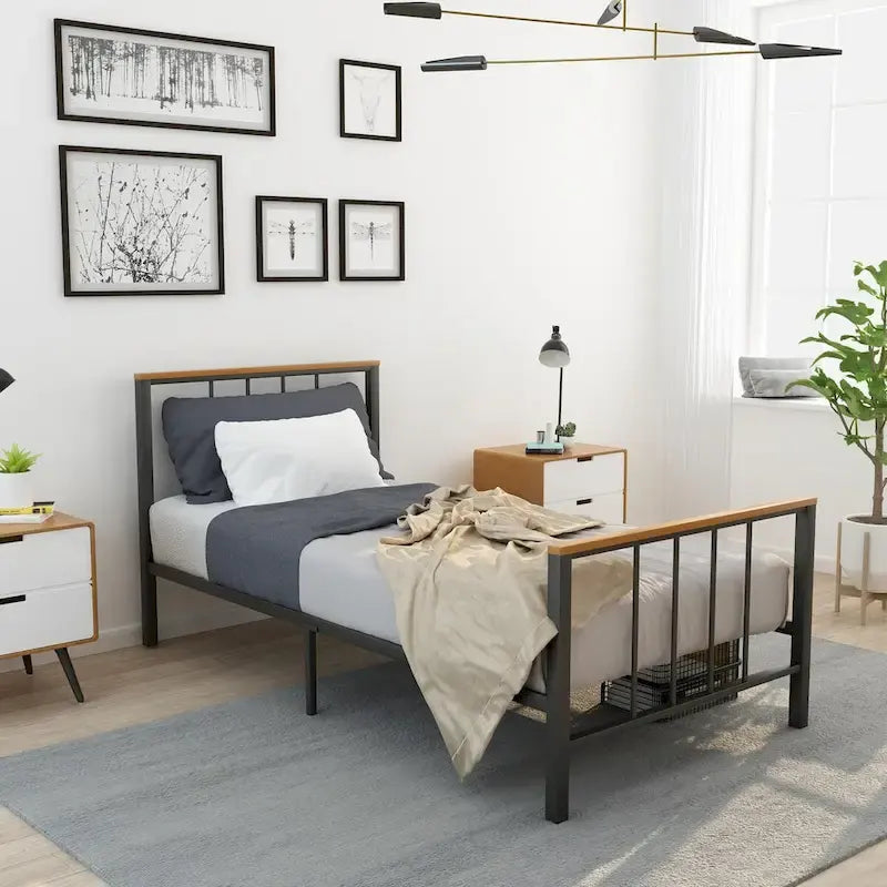 Mieres Industrial Metal Platform Bed Frame with Headboard & Footboard