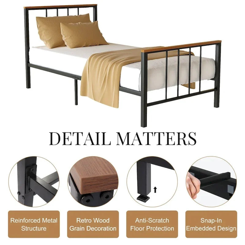 Mieres Industrial Metal Platform Bed Frame with Headboard & Footboard