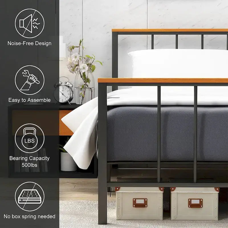 Mieres Industrial Metal Platform Bed Frame with Headboard & Footboard