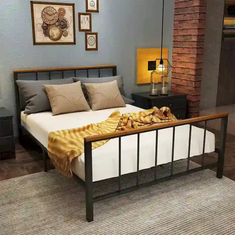 Mieres Industrial Metal Platform Bed Frame with Headboard & Footboard