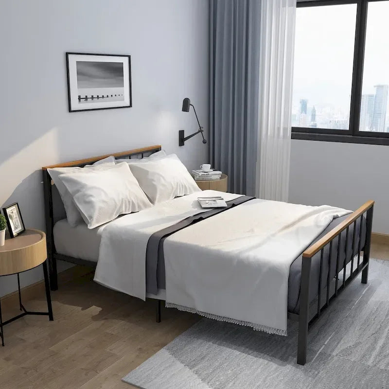 Mieres Industrial Metal Platform Bed Frame with Headboard & Footboard