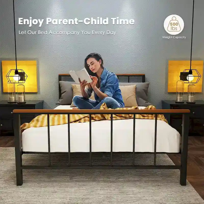 Mieres Industrial Metal Platform Bed Frame with Headboard & Footboard