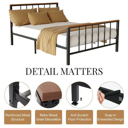 Mieres Industrial Metal Platform Bed Frame with Headboard & Footboard
