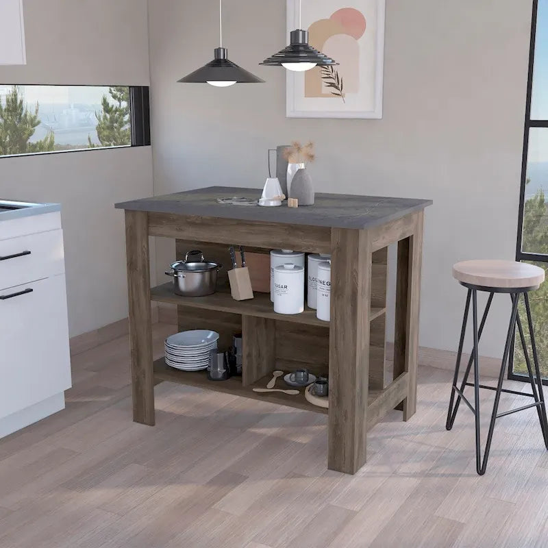 40.5 in. W Wood Kitchen Island Dining Table with 3 Shelves