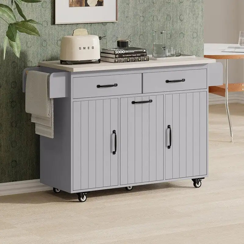 Rolling Kitchen Island with Trash Can, Kitchen Cart with Drop Leaf, Adjustable Shelf