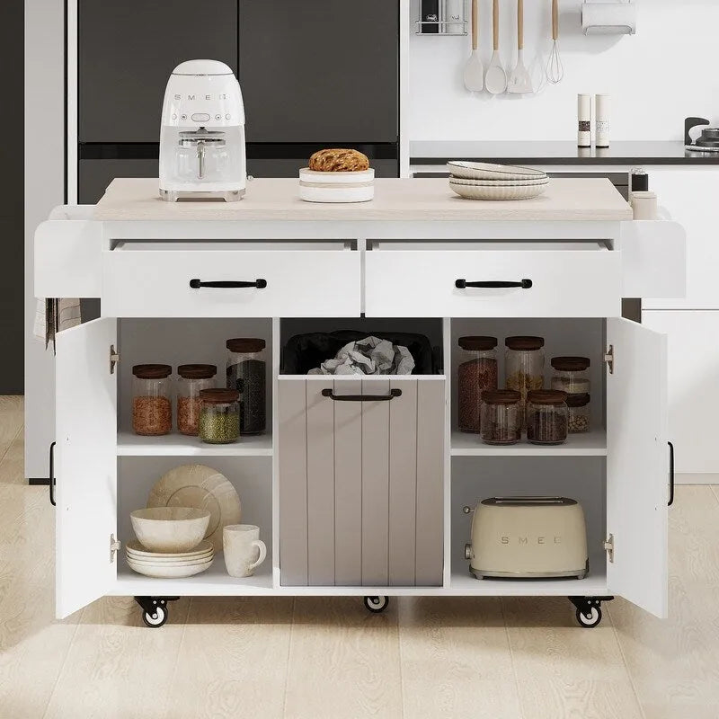 Rolling Kitchen Island with Trash Can, Kitchen Cart with Drop Leaf, Adjustable Shelf