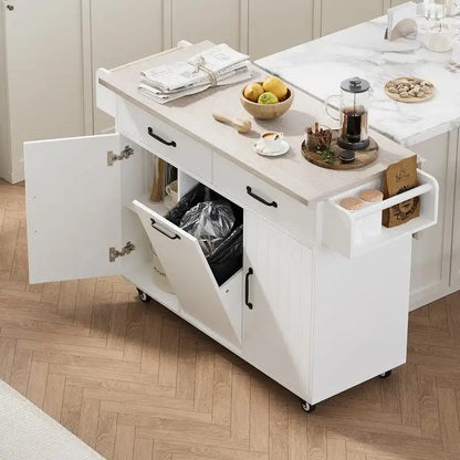 Rolling Kitchen Island with Trash Can, Kitchen Cart with Drop Leaf, Adjustable Shelf