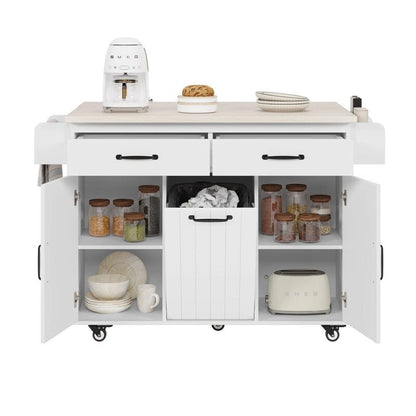 Rolling Kitchen Island with Trash Can, Kitchen Cart with Drop Leaf, Adjustable Shelf