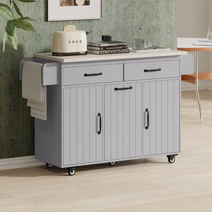 Rolling Kitchen Island with Trash Can, Kitchen Cart with Drop Leaf, Adjustable Shelf