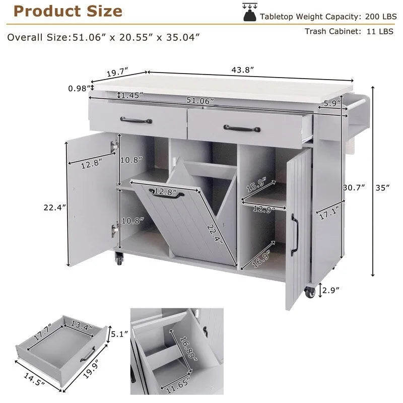 Rolling Kitchen Island with Trash Can, Kitchen Cart with Drop Leaf, Adjustable Shelf