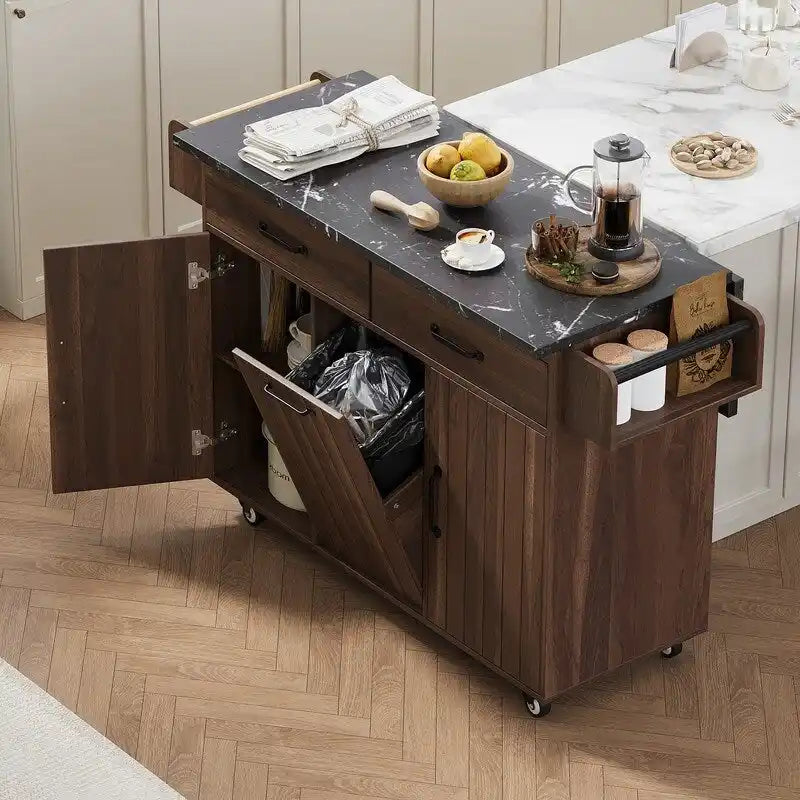 Rolling Kitchen Island with Trash Can, Kitchen Cart with Drop Leaf, Adjustable Shelf