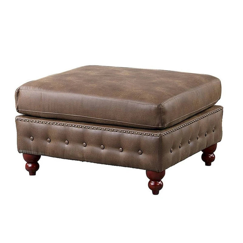Simi 34 Inch Square Ottoman, Handcrafted Legs, Brown Vegan Faux Leather