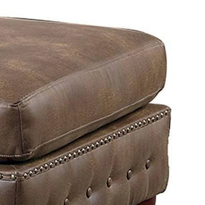 Simi 34 Inch Square Ottoman, Handcrafted Legs, Brown Vegan Faux Leather