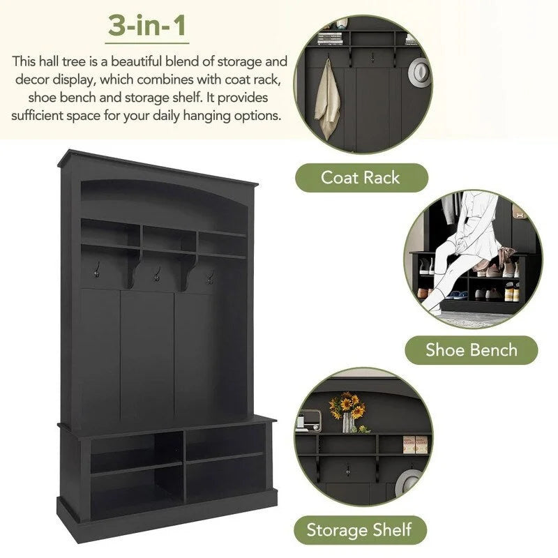 47.2Wide Hall Tree Multi-functional Shoe Storage with 3 Hanging Hooks