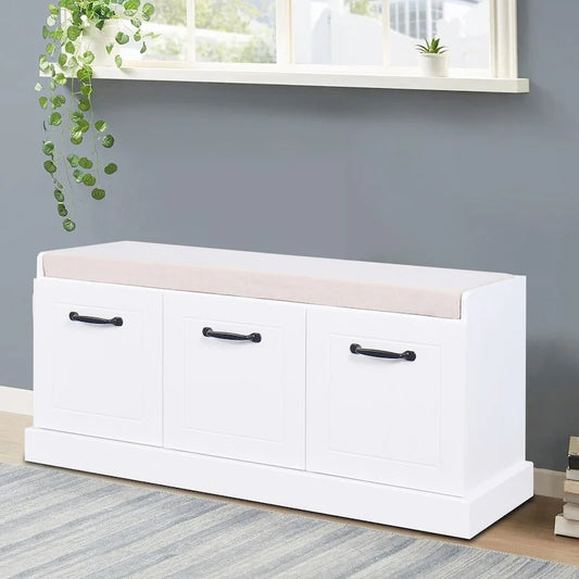 Minimalist Wooden Storage Bench with Seat Cushion, White