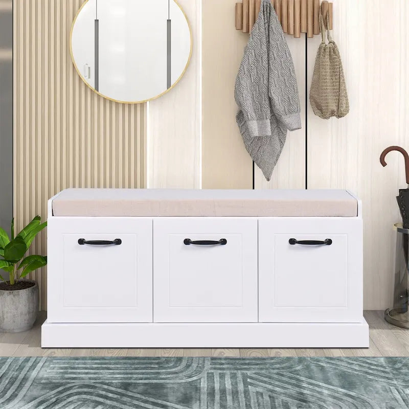 Minimalist Wooden Storage Bench with Seat Cushion, White