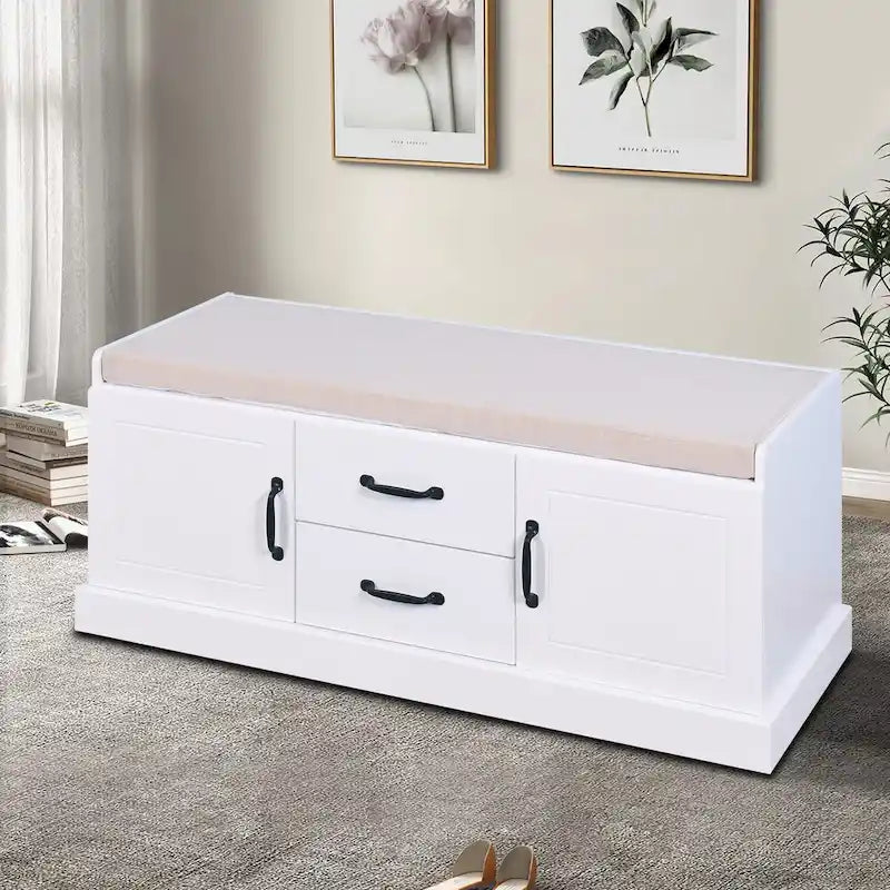 Minimalist Wooden Storage Bench with Seat Cushion, White