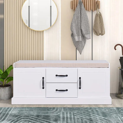 Minimalist Wooden Storage Bench with Seat Cushion, White