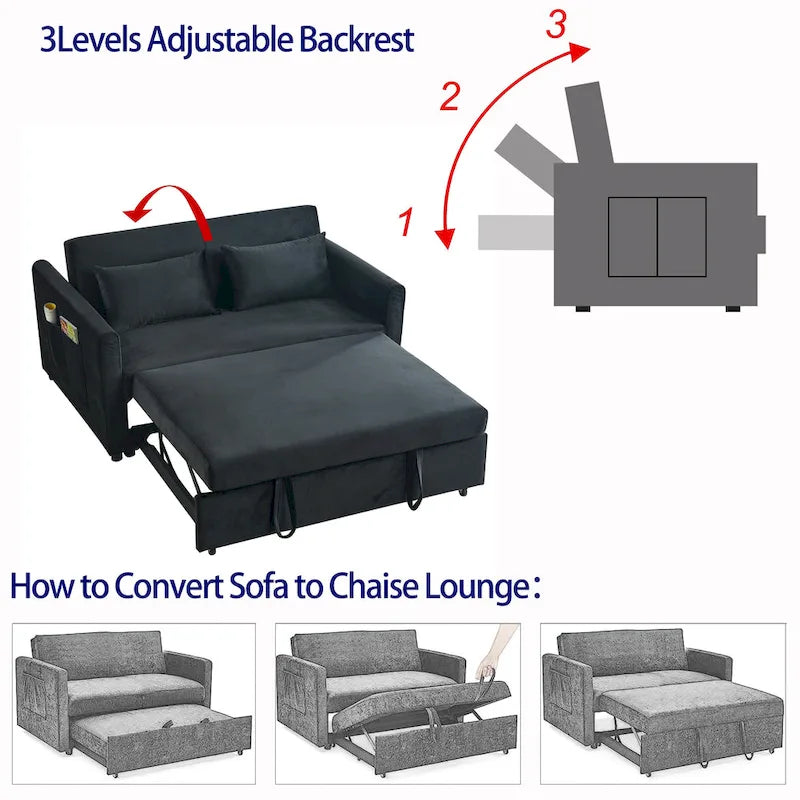 Convertible Sofa Bed, 3-In-1 Versatile Velvet Double Sofa With Pullout Bed