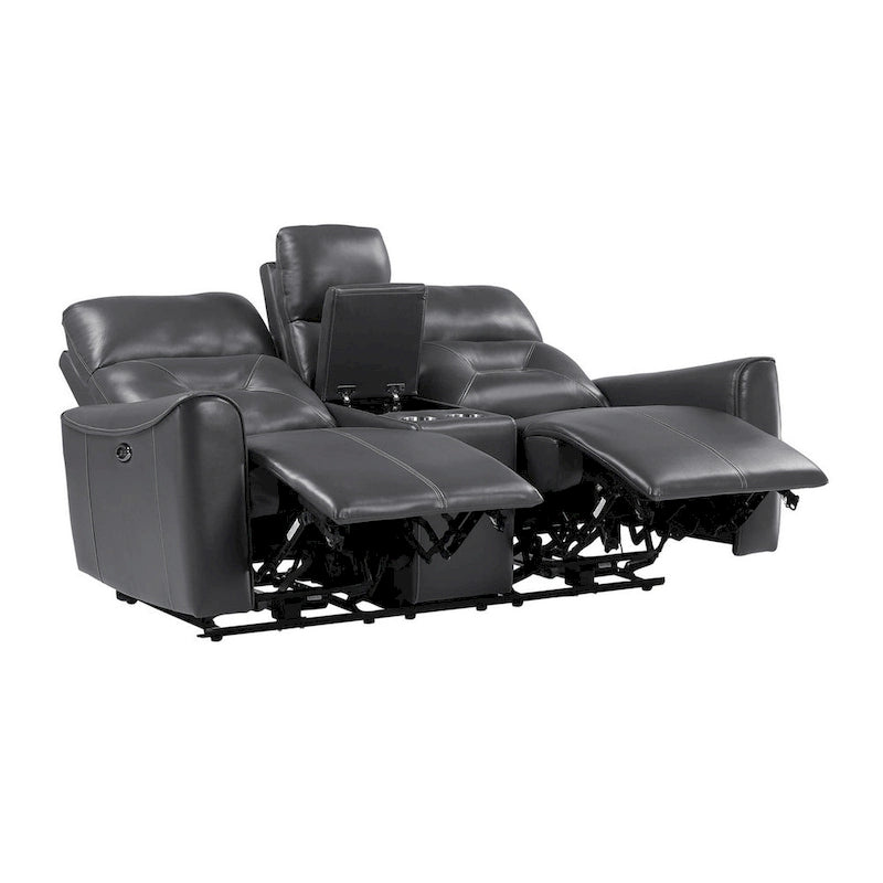 Well 73 Inch Power Double Recliner Loveseat, Dark Gray Faux Leather, Wood