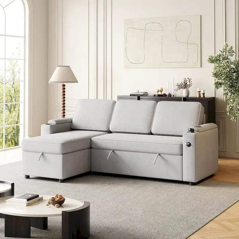 85.8 Upholstery Sleeper Sectional Sofa Pull Out Sofa Bed with Storage Space