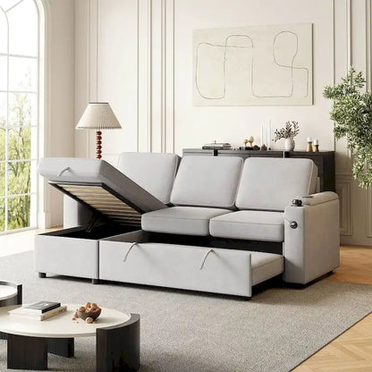 85.8 Upholstery Sleeper Sectional Sofa Pull Out Sofa Bed with Storage Space