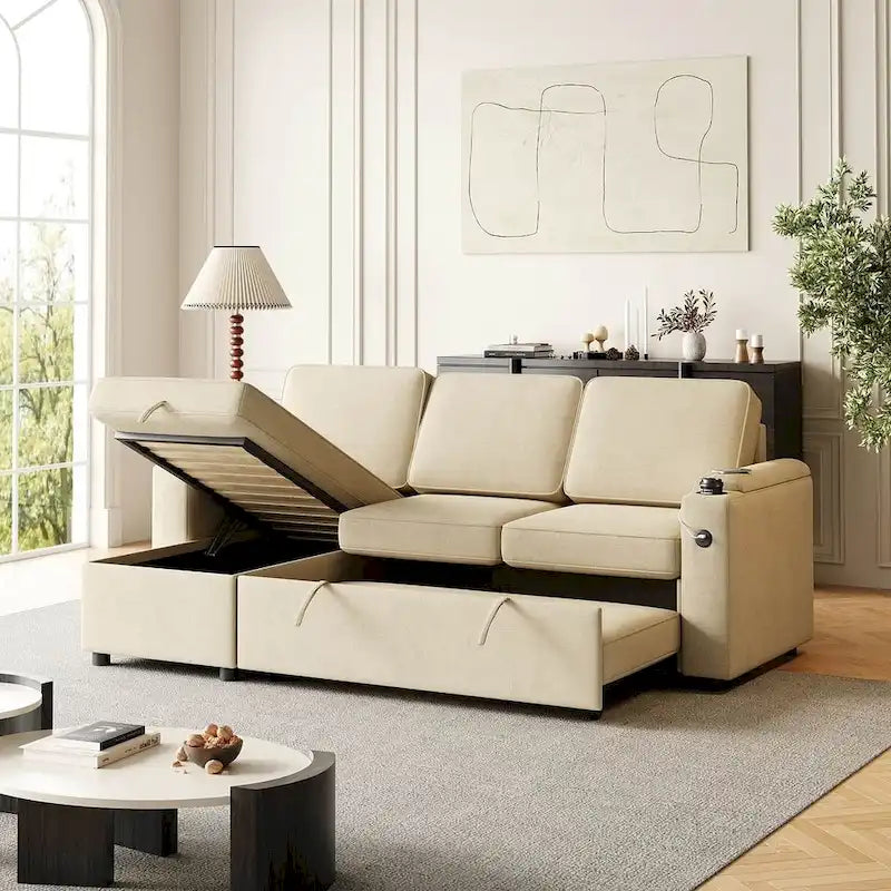 85.8 Upholstery Sleeper Sectional Sofa Pull Out Sofa Bed with Storage Space
