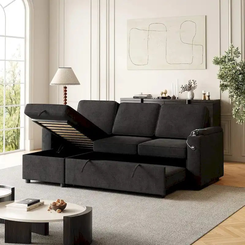 85.8 Upholstery Sleeper Sectional Sofa Pull Out Sofa Bed with Storage Space