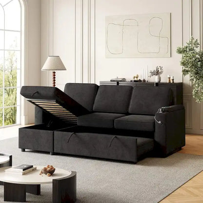 85.8 Upholstery Sleeper Sectional Sofa Pull Out Sofa Bed with Storage Space