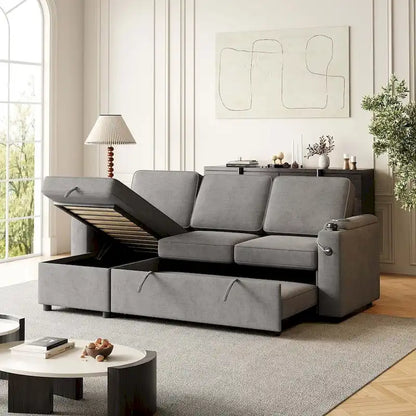 85.8 Upholstery Sleeper Sectional Sofa Pull Out Sofa Bed with Storage Space