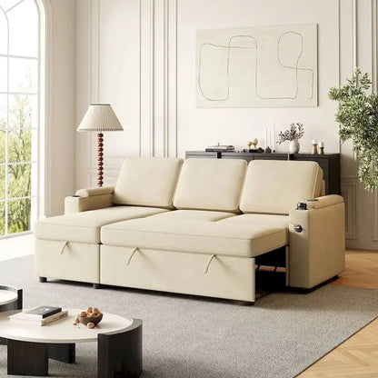85.8 Upholstery Sleeper Sectional Sofa Pull Out Sofa Bed with Storage Space
