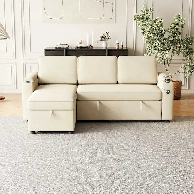 85.8 Upholstery Sleeper Sectional Sofa Pull Out Sofa Bed with Storage Space