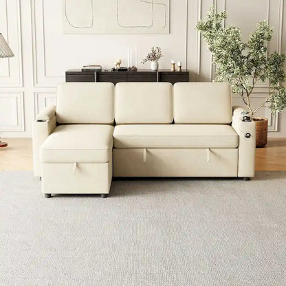 85.8 Upholstery Sleeper Sectional Sofa Pull Out Sofa Bed with Storage Space