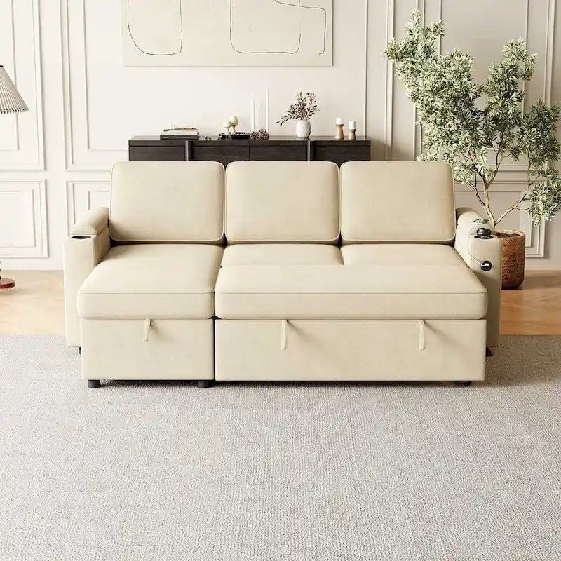 85.8 Upholstery Sleeper Sectional Sofa Pull Out Sofa Bed with Storage Space