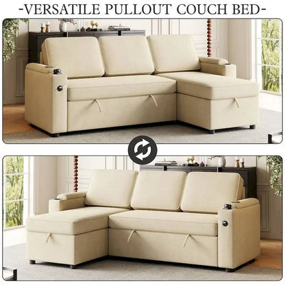 85.8 Upholstery Sleeper Sectional Sofa Pull Out Sofa Bed with Storage Space