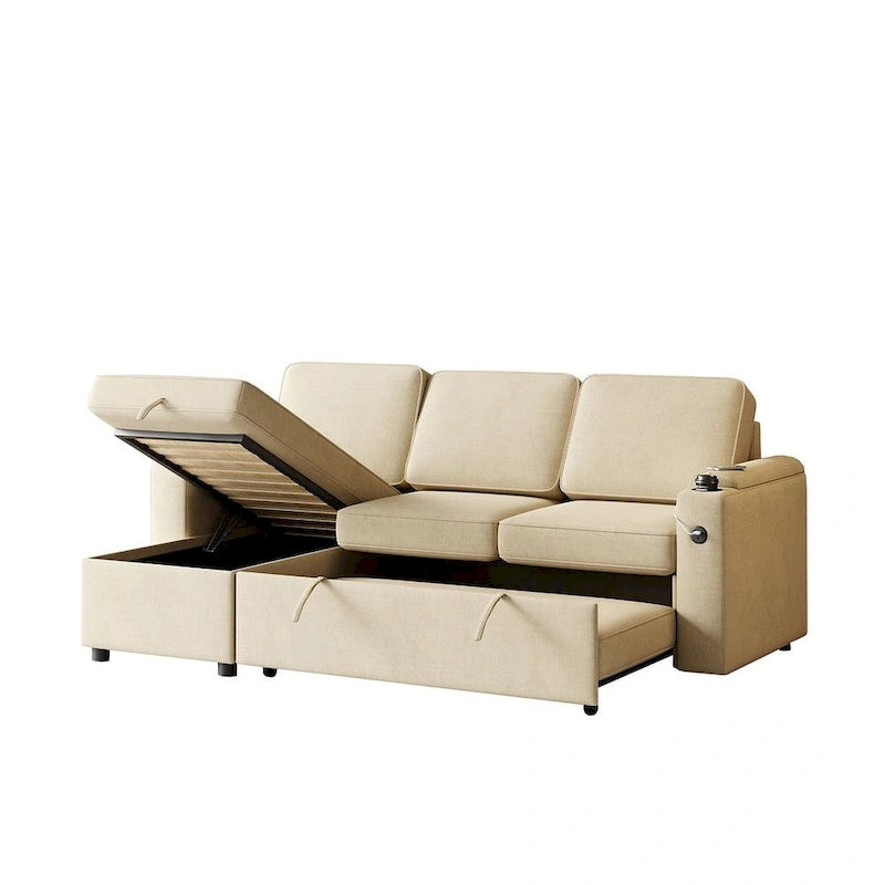 85.8 Upholstery Sleeper Sectional Sofa Pull Out Sofa Bed with Storage Space