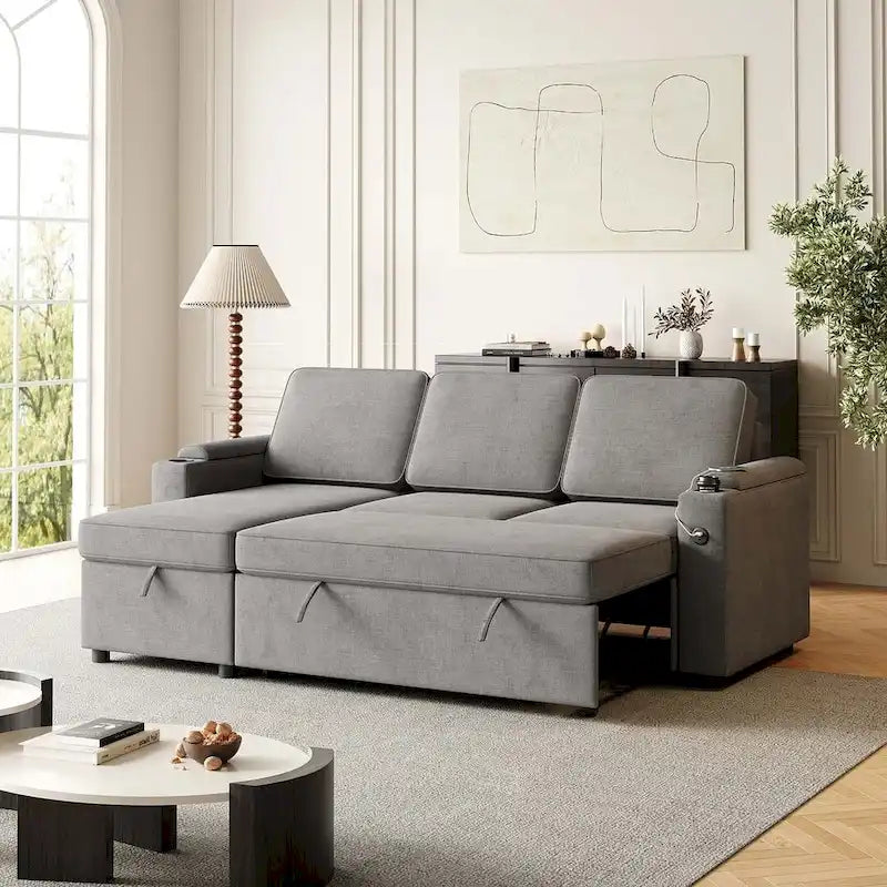 85.8 Upholstery Sleeper Sectional Sofa Pull Out Sofa Bed with Storage Space