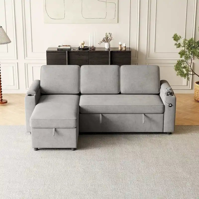 85.8 Upholstery Sleeper Sectional Sofa Pull Out Sofa Bed with Storage Space